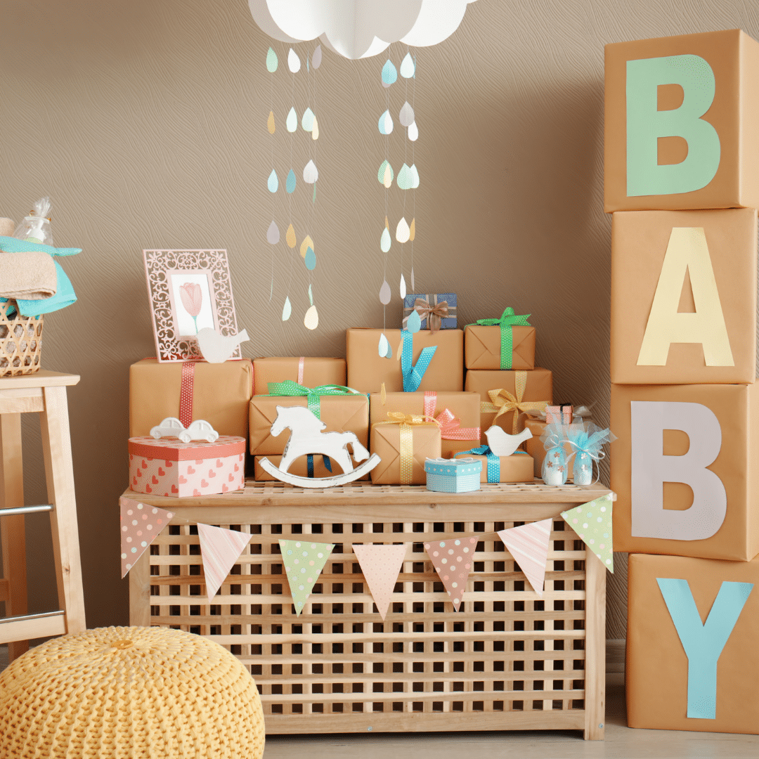 Baby shower - neutral brown with colour and baby boxes on right