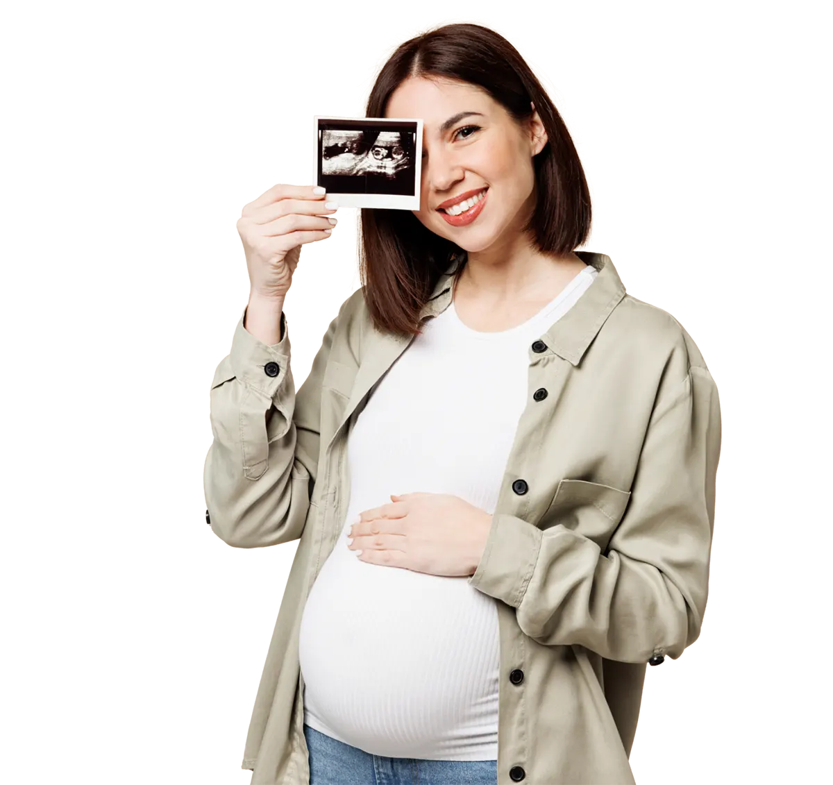 Pregnant woman smiling while holding an ultrasound photo Bromsgrove Emergency Pregnancy Scan